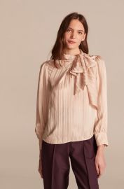 Tonal Stripe Tie Neck Silk Blouse at Rebecca Taylor