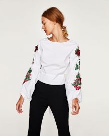 Top with Embroidered Sleeves and Bow in Back at Zara