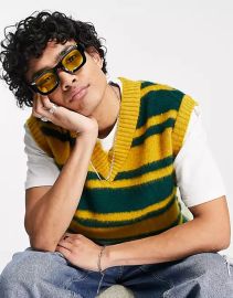 Topman Fluffy knitted stripe tank in green and mustard at ASOS