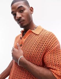 Topman Open crochet knit polo in coral at ASOS