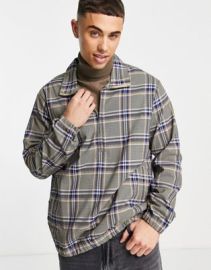 Topman funnel neck jacket in blue and stone check at ASOS