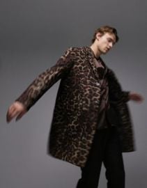 Topman leopard print longline over coat with wool in brown ASOS at ASOS