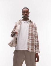 Topman long sleeve regular check overshirt in cream at ASOS