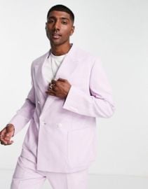 Topman relaxed double breasted suit jacket in lilac crepe at ASOS