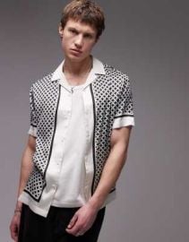 Topman short sleeve geo satin shirt in black at ASOS