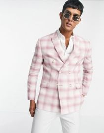 Topman skinny fit double breasted suit jacket in pink check at ASOS