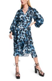 Topshop Animal Print Satin Wrap Dress in Mid Blue  at Nordstrom