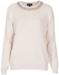 Topshop Embellished Neck Sweater in beige at Nordstrom