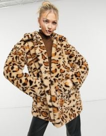 Topshop Leopard Pattern Faux Fur Jacket at Asos