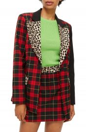 Topshop Leopard Trim Tartan Blazer at Nordstrom