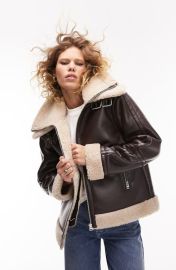 Topshop Oversize Faux Leather Aviator Jacket with Faux Shearling Trim at Nordstrom