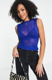 Topshop Ruched Mesh Sleeveless Top in Mid Blue  at Nordstrom