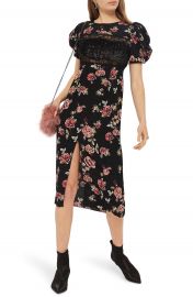 Topshop Sequined Floral Puff Sleeve Midi Dress at Nordstrom