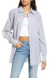 Topshop Stripe Cotton Seersucker Button-Up Shirt in Mid Blue at Nordstrom  at Nordstrom