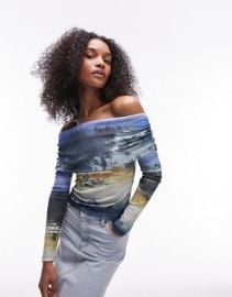 Topshop abstract floral landscape long sleeve bardot top in blue at ASOS