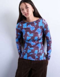 Topshop abstract floral print slash neck long sleeve top in blue | ASOS at ASOS
