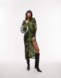 Topshop blurred floral long sleeve midi dress in green at ASOS