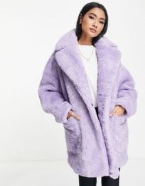 Topshop borg midi coat with patch pockets in lilac at ASOS