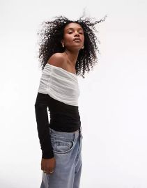 Topshop color block sheer long sleeve bardot top in stone at ASOS