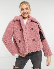 Topshop cropped borg jacket in pink at Asos