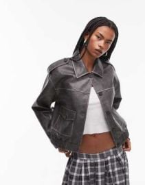 Topshop faux leather cropped button thru patch pocket bomber jacket in washed black at ASOS