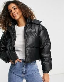 Topshop faux leather hooded puffer jacket in black at Asos