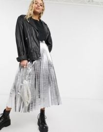 Topshop faux leather pleated midi skirt in silver at ASOS