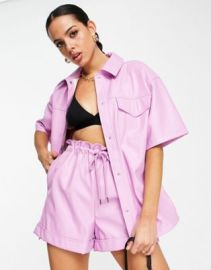 Topshop faux leather short sleeve shirt jacket in pink - part of a set at ASOS