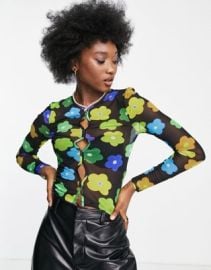 Topshop floral print mesh long sleeve top in multi at ASOS