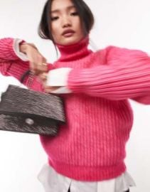 Topshop knit cropped roll neck sweater in pink at ASOS