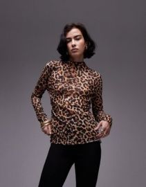 Topshop leopard crinkle long sleeve top in brown at ASOS