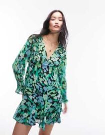 Topshop long sleeve godet mini tea dress in green floral print at ASOS