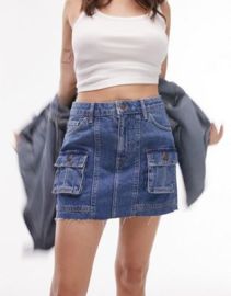 Topshop mid rise cargo denim skirt in mid blue at ASOS