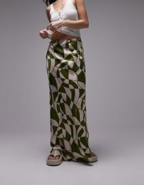 Topshop printed bias maxi skirt in olive - part of a set at ASOS