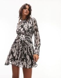 Topshop printed splotchy animal tie waist mini tea dress in mono at ASOS