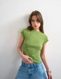 Topshop rib knit fitted curve hem tee in green at ASOS