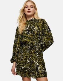 Topshop ruffle detail shirt dress in green leopard print at ASOS