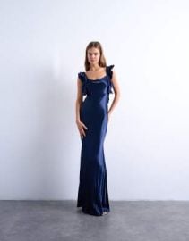 Topshop ruffle shoulders satin slip dress in navy | ASOS at ASOS