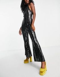 Topshop stripe sequin jumpsuit in black at ASOS