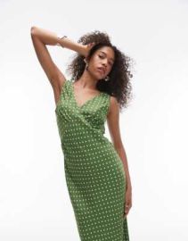 Topshop v neck midi length slip dress in olive spot at ASOS