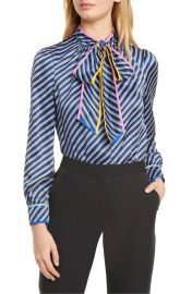 Tory Burch Bias Stripe Contrast Binding Silk Bow Blouse at Nordstrom