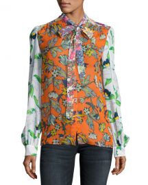 Tory Burch Kia Tie-Neck Graphic-Print Silk Blouse  Orange Multi at Neiman Marcus