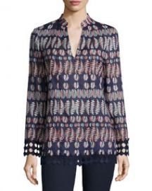 Tory Burch Long-Sleeve Printed Tunic Tory Navy at Neiman Marcus