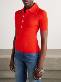 Tory Burch Maggie Ribbed knit Polo Shirt in Deep Poppy at Net a Porter