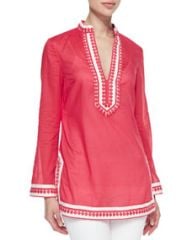 Tory Burch Tory Embroidered Split-Neck Tunic at Neiman Marcus