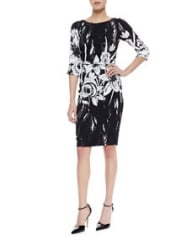 Tracy Reese 34-Sleeve Ruched-Waist Dress BlackWhite Floral at Neiman Marcus