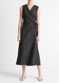 Trellis Plaid Draped Sleeveless Wrap Dress in Dresses at Vince