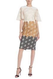 Tri-Colored Sheath Gown with Geometric Embroidered Print by Badgley Mischka at Badgley Mischka