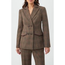 Trina Turk Cassy Plaid Faux Leather Trim Double Breasted Blazer in Brown Multi at Nordstrom Rack at Nordstrom Rack