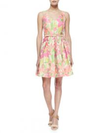 Trina Turk Martha Floral V-Neck Belted Fit-and-Flare Dress Multicolor at Neiman Marcus